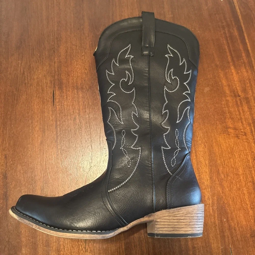 IUV CB048-BK Black‎ Western Cowboy Boots Men US 11 Embroidered Square Toe - Picture 4 of 11